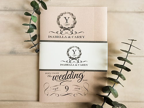 Invitation 1621: Blush Pearl, Blush Pearl - This is a blush pearl pocketfold wedding invitation with a charcoal pearl layered belly band. Invitation 1621: Blush Pearl, Blush Pearl - This is a blush pearl pocketfold wedding invitation with a charcoal pearl layered belly band.