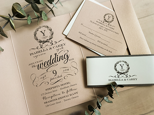 Invitation 1621: Blush Pearl, Blush Pearl - This is a blush pearl pocketfold wedding invitation with a charcoal pearl layered belly band.