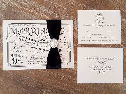Invitation 1632: White Gold, White Gold, Black Ribbon, Brooch/Buckle G - This is a single card wedding invite in a landscape setup with a black ribbon and brooch.