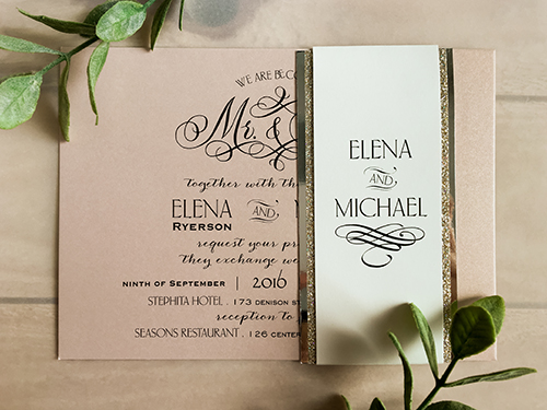 Invitation 1654: Blush Pearl, Blush Pearl - This is single card blush pearl wedding invite.  There is a double layered belly band around the card.