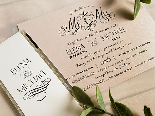 Invitation 1654: Blush Pearl, Blush Pearl - This is single card blush pearl wedding invite.  There is a double layered belly band around the card.