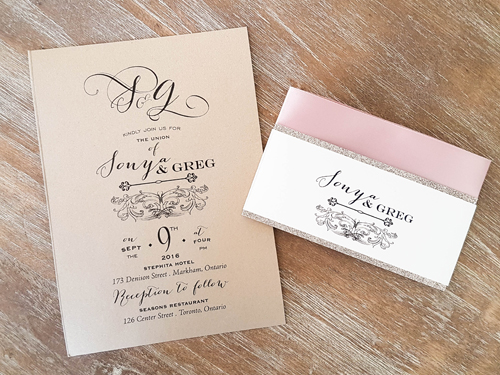 Invitation 1678: Gold Pearl, Gold Pearl, Deep Blush Ribbon - This is a single card design printed on the gold pearl paper with a layered belly band and ribbon.
