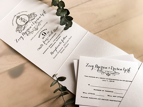 Invitation 1687: Ice Pearl, Ice Pearl, White Ribbon, Brooch/Buckle A11 - This is a 3/4 flap ice pearl wedding invite pocketfolder.  There is a white ribbon and brooch on the cover flap.