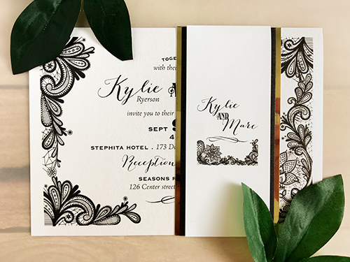 Invitation 1698: Ice Pearl, Ice Pearl - This is an ice pearl landscape invitation with a double layered belly band wrapped around with black and gold mirror.