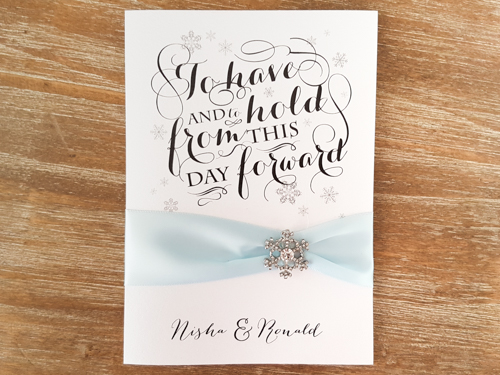 Invitation 1718: Ice Pearl, Ice Pearl, Icy Blue Ribbon, Brooch/Buckle A18 - This is an ice pearl full flap wedding invitation that has a pocket design on the inside.  There is a ribbon and snowflake brooch on the cover.