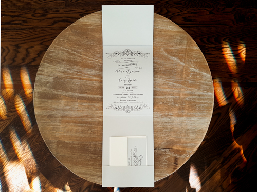 Invitation 1730: Silver Ore, Blush Pearl, Silver Ore, Deep Blush Ribbon - This is a silver ore pearl pocket folder design with a blush pearl trim on the flap.  There is a deep blush twisted ribbon.