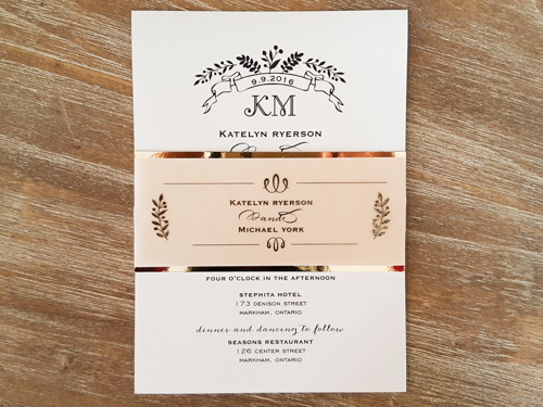 Invitation 1831: Antique Pearl, Antique Pearl - This is a single card wedding invite printed on the antique pearl paper.  There is a vellum belly band backed with gold mirror.