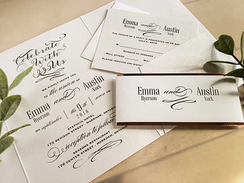 Invitation 1832: Ice Pearl, Ice Pearl - This is a full cover pocket fold wedding invite printed on the ice pearl paper with a gold mirror layered belly band.