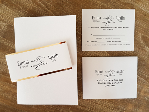 Invitation 1832: Ice Pearl, Ice Pearl - This is a full cover pocket fold wedding invite printed on the ice pearl paper with a gold mirror layered belly band.