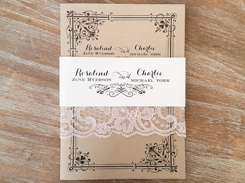 Invitation 1875: Gold Pearl, Gold Pearl, Cream - Thick Lace - This is a full cover pocket fold wedding invitation on gold pearl paper.  There is a belly band and lace wrapped around.