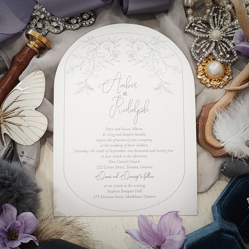 Invitation 2801: Ice Pearl - Arch cut wedding invitation with a floral design on ice pearl paper. Invitation 2801: Ice Pearl - Arch cut wedding invitation with a floral design on ice pearl paper.