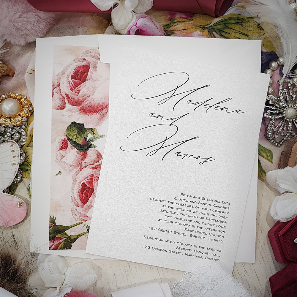 Invitation 2806: Ice Pearl - Single card wedding invitation with a floral printed pattern liner on the envelope.