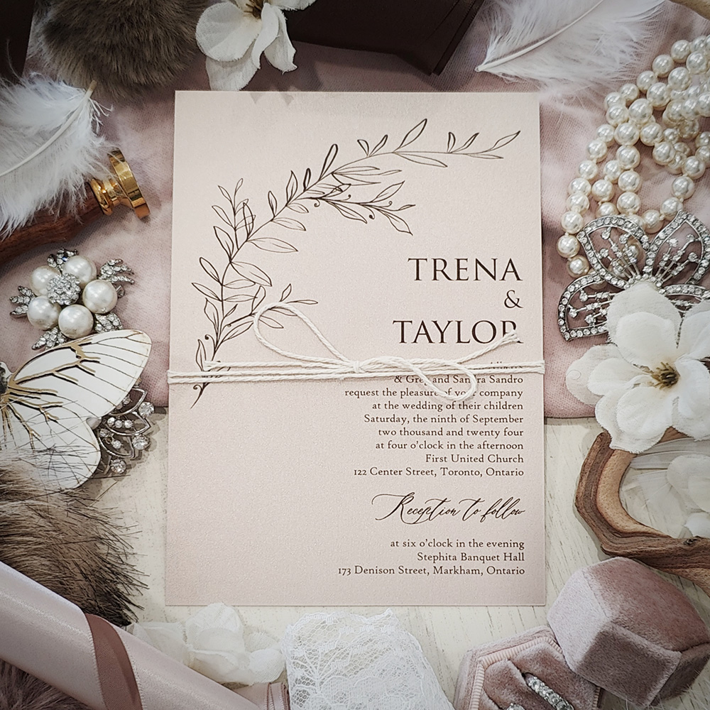 Invitation 2810: Blush Pearl, String Ribbon - This is single card wedding invitation with a white string embellishment tied around the card.