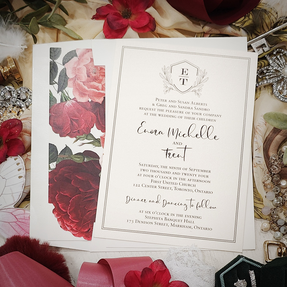 Invitation 2846: White Gold - Single card wedding invite with a border and monogram.