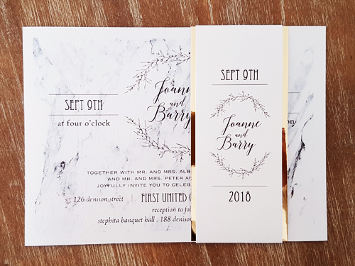 Invitation 2000: Ice Pearl, White Smooth - This is a single card design on ice pearl with a marble background print.  There is a layered gold mirror belly band design.