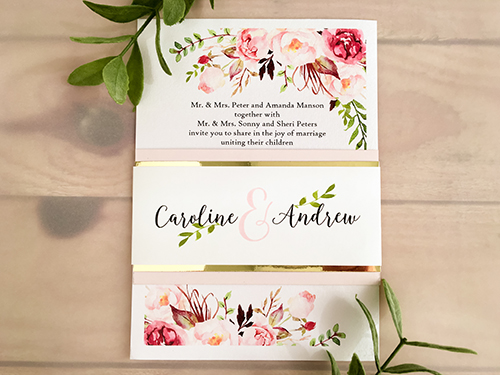 Invitation 2002: Ice Pearl, White Smooth - This is a single card portrait invite printed on the ice pearl paper. There is a double layered belly band. Florals are printed on the main card. Invitation 2002: Ice Pearl, White Smooth - This is a single card portrait invite printed on the ice pearl paper. There is a double layered belly band. Florals are printed on the main card.