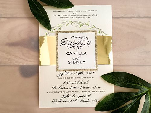 Invitation 2003: White Gold, Gold Glitter, Cream Smooth - This is a single card invite on the white gold pearl paper. There is a metallic gold belly band with a layered gold glitter cover tag. Invitation 2003: White Gold, Gold Glitter, Cream Smooth - This is a single card invite on the white gold pearl paper. There is a metallic gold belly band with a layered gold glitter cover tag.