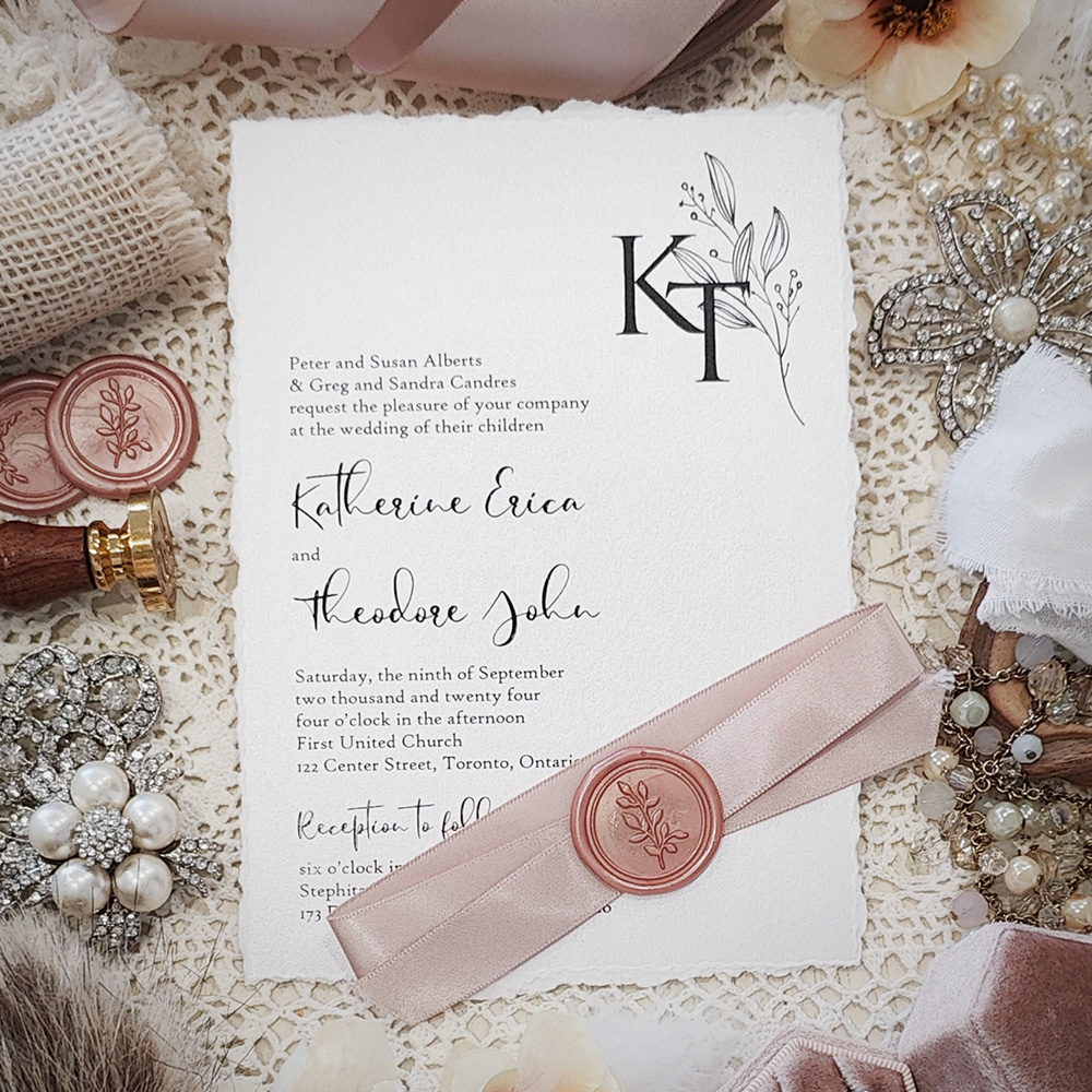 Invitation 3805: White Gold, Blush Wax, Blush Ribbon - Deckle edge wedding card on white gold paper with blush ribbon and blush wax seal.