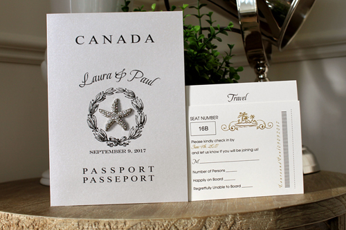 Invitation Destination2: Silver Ore, Brooch/Buckle A10 - This is a passport bi fold invitation with a starfish brooch design on the cover flap.  Great for destination weddings.