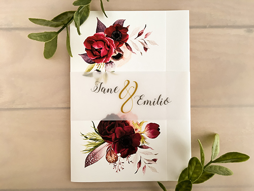 Invitation 2110: Antique Pearl - This is a 3/4 flap pocket folder wedding invitation on antique pearl with a vellum belly band.