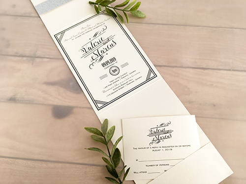 Invitation 2115: White Gold, Silver Mirror, Cream Smooth - This is a vertical pocket folder on white gold pearl paper.  There is silver glitter band and silver mirror layered cover tag.