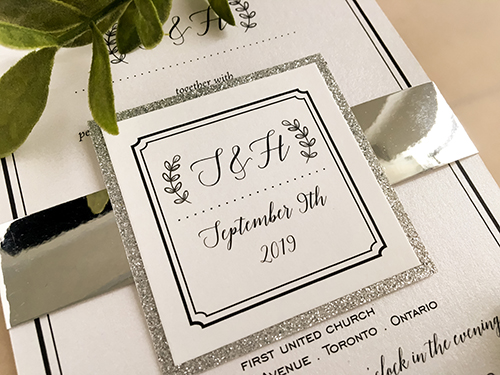 Invitation 2128: Ice Pearl, Silver Mirror - This is a single card wedding invite printed on ice pearl with a silver mirror band and silver glitter cover tag.