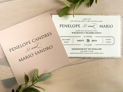 Invitation 2130: Blush Pearl, Champagne Glitter, Cream Smooth - This is a blush pearl pocket style wedding invite.  The insert is a loose insert that has a champagne glitter backing.