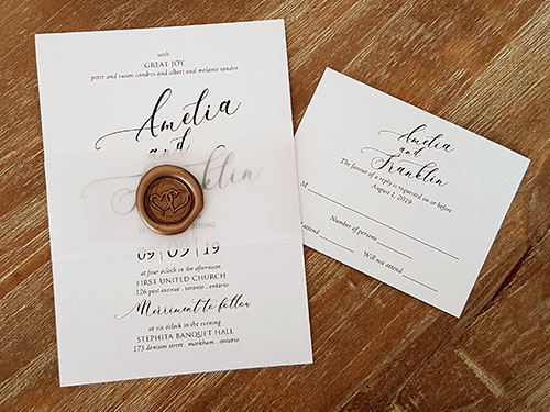 Invitation 2139: Ice Pearl, Gold Wax - This is a single card wedding invite on the ice pearl paper with vellum belly band and gold wax seal.