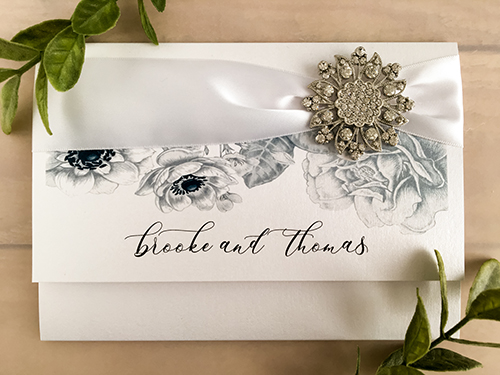 Invitation 2140: Ice Pearl, White Ribbon, Brooch/Buckle A11 - This is a 3/4 flap pocket folder wedding invitation on ice pearl with a white ribbon and brooch design.