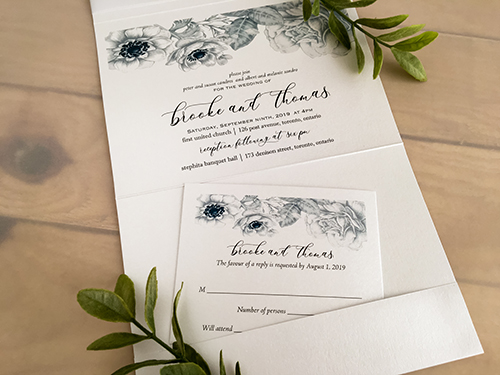 Invitation 2140: Ice Pearl, White Ribbon, Brooch/Buckle A11 - This is a 3/4 flap pocket folder wedding invitation on ice pearl with a white ribbon and brooch design.