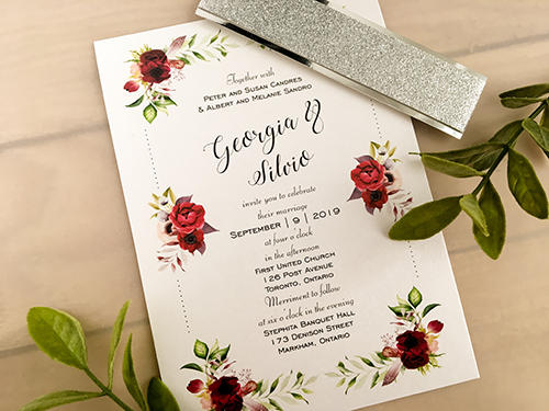 Invitation 2160: Ice Pearl, Silver Glitter - This is a single card wedding invite on ice pearl with a silver glitter and mirror belly band.