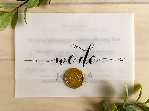 Invitation 2205: This invitation opens up and down into a three fold invitation.  The wax seal closes the invitation.  It is printed on our vellum paper also known as rice paper.