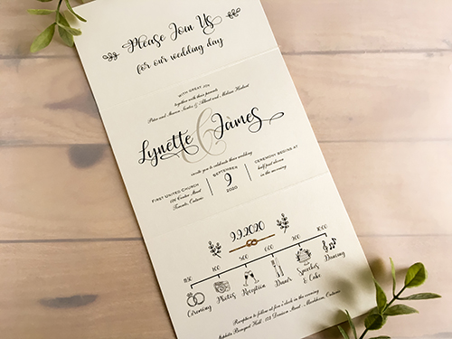 Invitation 2206: This is an invitation that opens up and down and has a wax seal on the cover.  It uses our white gold pearl paper and an ivory coloured stamp with a wreath print.