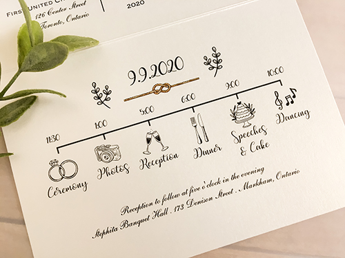 Invitation 2206: This is an invitation that opens up and down and has a wax seal on the cover.  It uses our white gold pearl paper and an ivory coloured stamp with a wreath print.