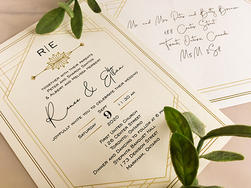 Invitation 2222: An Art Deco themed invitation with guest address and a geometric print on the front of the mailing envelope.  This is a single card invitation on white gold pearl paper.