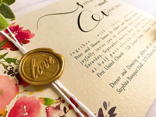 Invitation 2230: Champagne Gold, Gold Wax - A floral design printed on our single layer flat card.  An additional detail of string and wax seal completes this invitation.