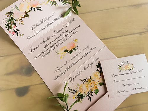 Invitation 2235: Light Pink Pearl - This is a pocketfolder wedding invitation in a light pink pearl paper.  There are floral prints on all the panels.