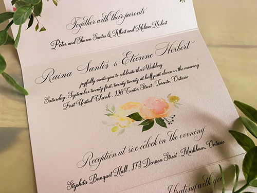 Invitation 2235: Light Pink Pearl - This is a pocketfolder wedding invitation in a light pink pearl paper.  There are floral prints on all the panels.