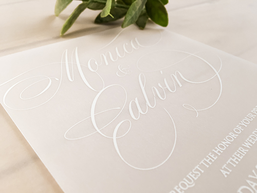 Invitation 2250:  - This is a single card wedding invite printed on a vellum paper with a specialty UV printing method.  It is raised printing.