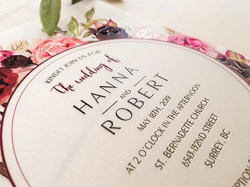 Invitation 2252:  - This is a single card invitation using UV print and printed on vellum paper.