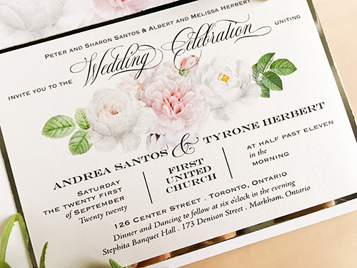 Invitation 2265: Ice Pearl, Silver Mirror - This is a layered wedding invite.  It is printed on the ice pear with a silver mirror backing.  There is a nice white floral on the invite.