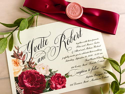 Invitation 2273: White Gold, Blush Wax, Wine Ribbon - This is a single card in landscape format in white gold.  There is a 1.5 inch wine ribbon wrapped around with a blush branch wax seal.