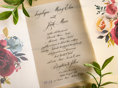 Invitation 2280: Gold Wax - This is a gate fold vellum design with a gold wax seal with the word love on it.  There is a red floral bouquet printed on the cover.