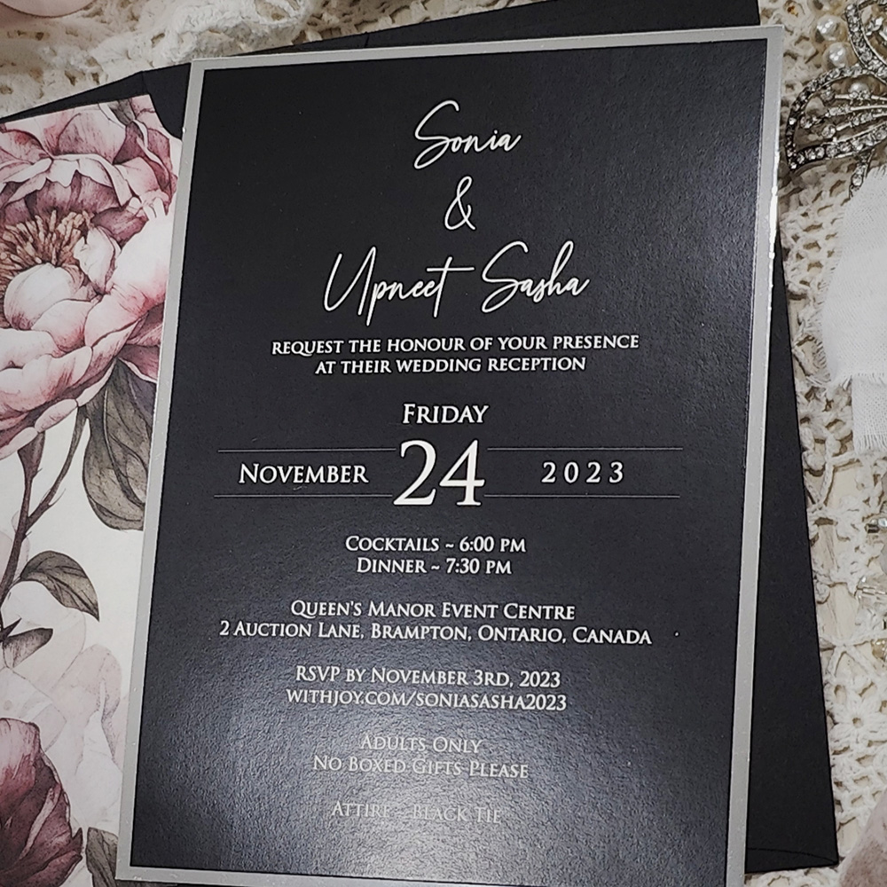 Invitation 3704: Matte White, Silver Mirror - Solid black printing on white paper with a silver mirror layer backing.
