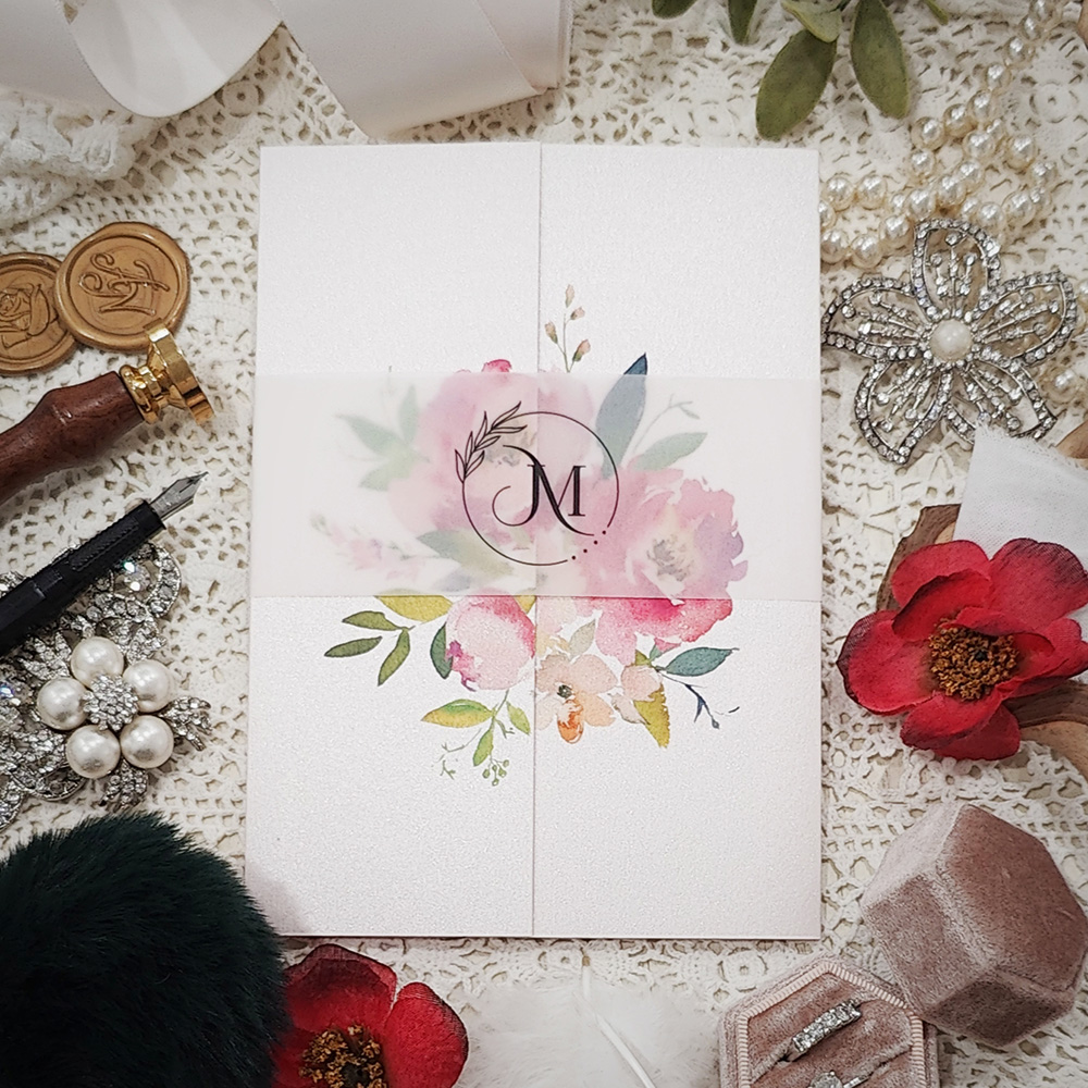 Invitation 3301: Light Pink Pearl - Gatefold wedding card with a floral print and printed vellum monogram belly band.
