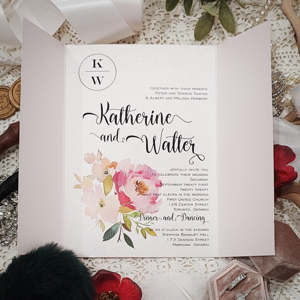 Invitation 3301: Light Pink Pearl - Gatefold wedding card with a floral print and printed vellum monogram belly band.