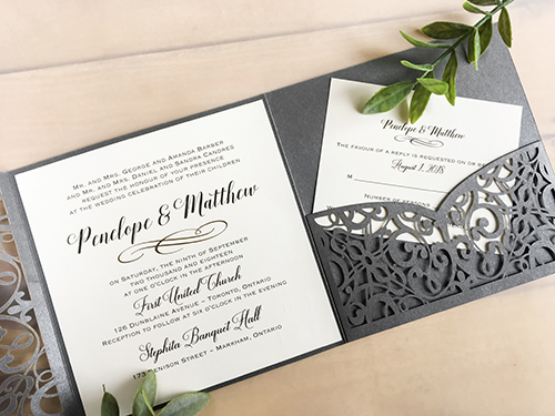 Invitation lc115: Grey Shimmer, Purple Pearl, Cream Smooth - This is a grey shimmer pocketfolder laser cut wedding invite.  There is a double layered cover tag.  Silver mirror and purple pearl are the backings.