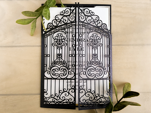 Invitation lc125: Black Shimmer, Silver Mirror, White Smooth - This is a black shimmer garden gate design laser cut wedding invitation.  The insert is layered with a silver mirror backinng.