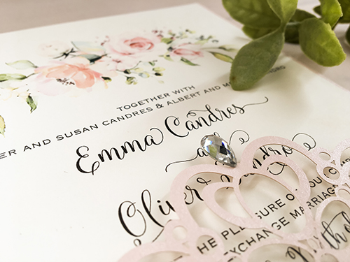 Invitation lc137: Blush Shimmer, Cream Smooth - This is a blush shimmer laser cut pocket wedding invite that has a rhinestone jewel at the tip.