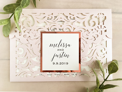 Invitation lc144: Blush Shimmer, Rose Gold Mirror, Cream Smooth - This is a blush shimmer pocket style laser cut invitation.  There is a layered cover tag on the flap.